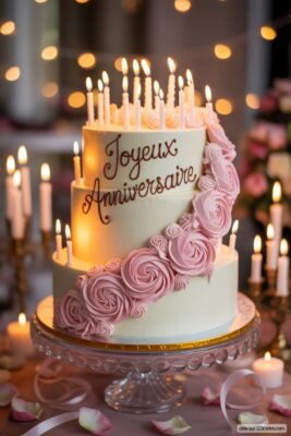 Gâteau d'anniversaire à trois étages blanc et rose avec écrit «Joyeux Anniversaire», bougies allumées.