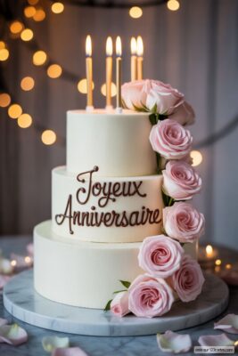 Gâteau d'anniversaire blanc à trois étages sur fond bokeh doré, avec des roses roses et écrit «Joyeux Anniversaire» en chocolat.