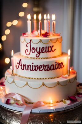Gâteau d'anniversaire à trois étages blanc et doré avec écrit «Joyeux Anniversaire» en rouge, bougies allumées et pétales de roses.