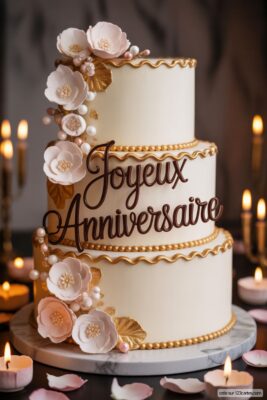 Gâteau d'anniversaire à trois étages, crème et or, décoré de fleurs blanches et perles, avec «Joyeux Anniversaire» en chocolat.
