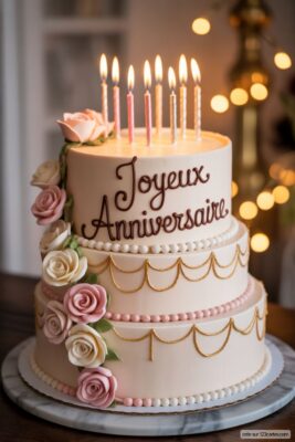 Gâteau d'anniversaire à trois étages, beige, avec des roses pastel et des bougies allumées. Écrit «Joyeux Anniversaire» en marron.