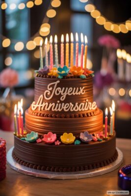 Gâteau d'anniversaire au chocolat à deux étages sur fond bokeh avec des bougies allumées et écrit «Joyeux Anniversaire».