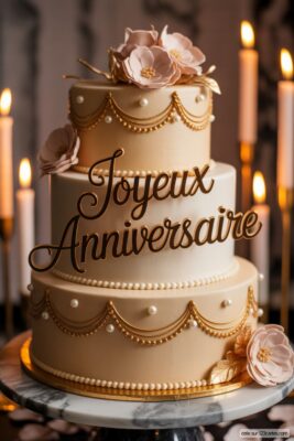 Gâteau d'anniversaire à trois étages beige et blanc, décoré d'or, de perles et de fleurs roses, avec «Joyeux Anniversaire» en doré.