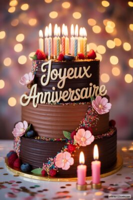 Gâteau d'anniversaire à trois étages chocolat et marron, décoré de baies, fleurs roses et vermicelles colorés, avec des bougies allumées et l'inscription «Joyeux Anniversaire» en blanc, sur fond de lumières bokeh.