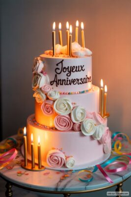 Gâteau d'anniversaire à trois étages rose pâle, décoré de roses en glaçage blanc et rose, avec écrit «Joyeux Anniversaire» en noir. De nombreuses bougies dorées allumées.