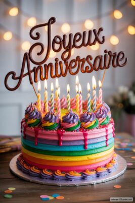 Gâteau d'anniversaire arc-en-ciel avec glaçage coloré et bougies allumées, surmonté d'un «Joyeux Anniversaire» en chocolat.