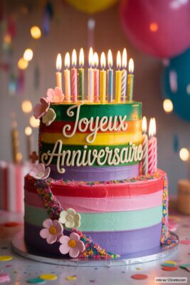 Gâteau d'anniversaire à deux étages, rayures multicolores, bougies allumées, fleurs en sucre, écrit «Joyeux Anniversaire».