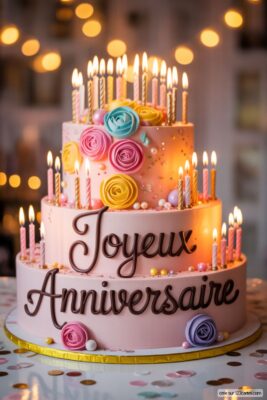 Gâteau d'anniversaire rose à trois étages, décoré de roses pastel et bougies allumées, avec «Joyeux Anniversaire» en chocolat.