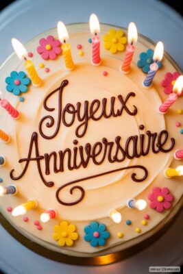 Gâteau d'anniversaire rond crème avec «Joyeux Anniversaire» en chocolat, décoré de bougies allumées et fleurs colorées.
