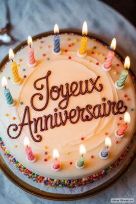 Gâteau d'anniversaire blanc, glaçage crémeux, bougies colorées allumées, écrit «Joyeux Anniversaire» en chocolat.