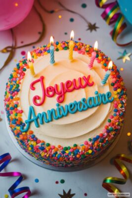 Gâteau rond blanc avec vermicelles colorés, bougies allumées, et «Joyeux Anniversaire» rose et bleu.