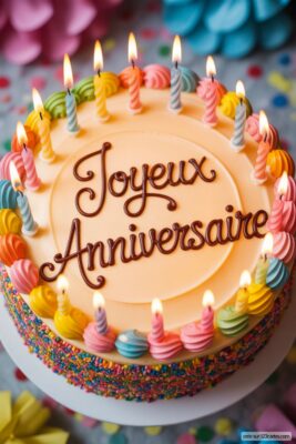 Gâteau d'anniversaire rond beige avec glaçage coloré et bougies allumées, écrit «Joyeux Anniversaire» en chocolat.