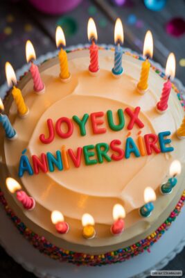 Gâteau d'anniversaire rond, glaçage crème, bougies colorées allumées, écrit «Joyeux Anniversaire» en lettres vives.