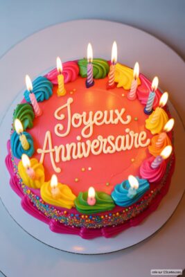 Gâteau d'anniversaire rose vif avec glaçage coloré et 13 bougies allumées, écrit «Joyeux Anniversaire».