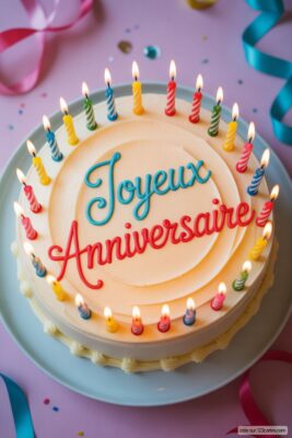 Gâteau d'anniversaire rond blanc sur fond violet avec écrit «Joyeux Anniversaire» en bleu et rouge, entouré de bougies allumées multicolores.