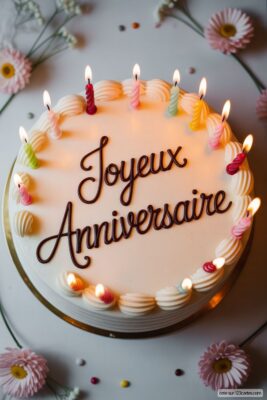 Gâteau d'anniversaire blanc avec bougies allumées multicolores, sur fond clair avec fleurs roses. Écrit «Joyeux Anniversaire» en chocolat.