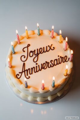 Gâteau d'anniversaire blanc avec bougies allumées multicolores et écrit «Joyeux Anniversaire» en chocolat.