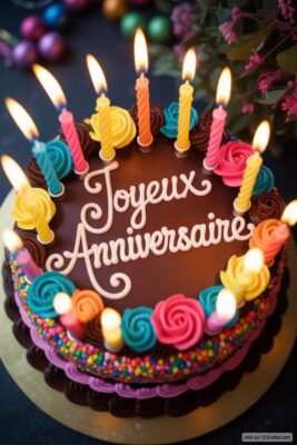 Gâteau d'anniversaire au chocolat avec glaçage blanc «Joyeux Anniversaire», bougies colorées allumées et décorations florales.