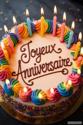 Gâteau d'anniversaire blanc avec glaçage arc-en-ciel et bougies allumées sur fond sombre. Écrit «Joyeux Anniversaire» en marron.