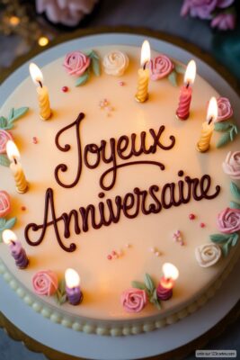 Gâteau d'anniversaire rond glacé blanc avec «Joyeux Anniversaire» en chocolat et bougies allumées. Roses pastel.