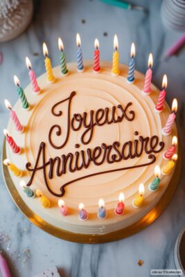 Gâteau d'anniversaire rond glacé blanc cassé, avec «Joyeux Anniversaire» en chocolat, entouré de bougies allumées multicolores.