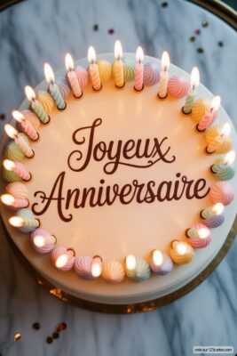 Gâteau blanc rond sur fond marbré avec écrit «Joyeux Anniversaire» en marron, entouré de bougies pastel allumées.