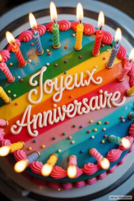 Gâteau d'anniversaire rond sur fond rayé arc-en-ciel avec écrit «Joyeux Anniversaire» en blanc, décoré de bougies allumées multicolores et de vermicelles colorés.