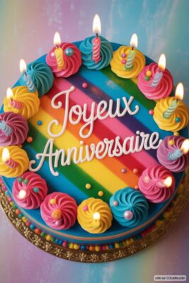 Gâteau d'anniversaire rond sur fond arc-en-ciel avec écrit «Joyeux Anniversaire» en blanc, entouré de bougies allumées multicolores.