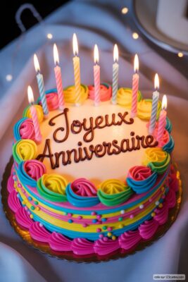 Gâteau d'anniversaire coloré avec des bougies allumées, écrit «Joyeux Anniversaire» en chocolat.