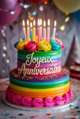 Gâteau d'anniversaire à deux étages, rayures arc-en-ciel, glaçage rose et bleu, bougies allumées, écrit «Joyeux Anniversaire».