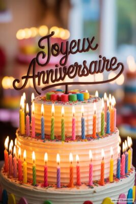 Gâteau d'anniversaire à deux étages rose pâle, décoré de bougies colorées allumées et de vermicelles. Un topper noir «Joyeux Anniversaire» est planté au sommet.