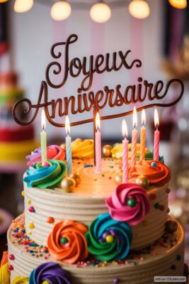 Gâteau d'anniversaire à deux étages, beige, avec bougies colorées allumées, décorations spirales vives et écrit «Joyeux Anniversaire».