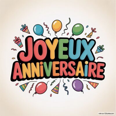 Texte «Joyeux Anniversaire» coloré sur fond beige, avec ballons, cadeaux et confettis.