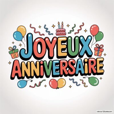 Texte «JOYEUX ANNIVERSAIRE» coloré sur fond blanc, entouré de ballons, cadeaux, serpentins et un gâteau.