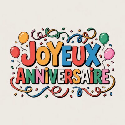 Texte «Joyeux Anniversaire» en lettres colorées sur fond blanc cassé, avec confettis et ballons.