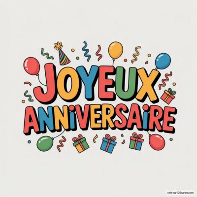 Texte «JOYEUX ANNIVERSAIRE» coloré sur fond blanc, entouré de ballons, serpentins et cadeaux.