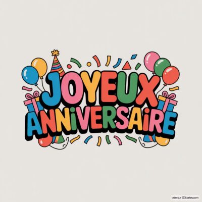 Texte «JOYEUX ANNIVERSAIRE» coloré sur fond blanc cassé, avec ballons, cadeaux et confettis.