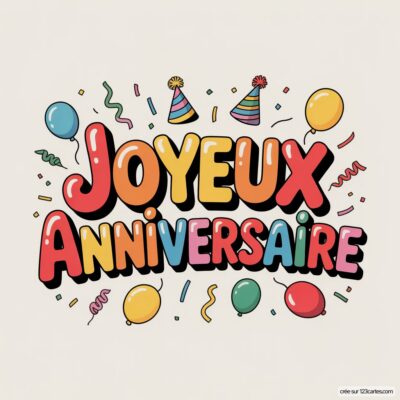Texte «Joyeux Anniversaire» coloré sur fond beige, avec ballons, serpentins et chapeaux de fête.