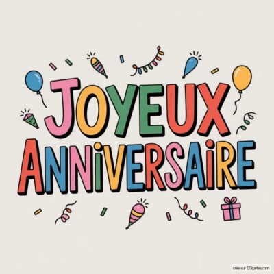 Texte «Joyeux Anniversaire» coloré sur fond beige clair, avec ballons, serpentins et confettis.