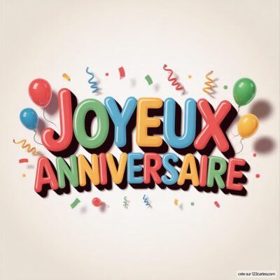 Texte «JOYEUX ANNIVERSAIRE» en lettres 3D colorées sur fond beige clair, avec ballons et confettis.