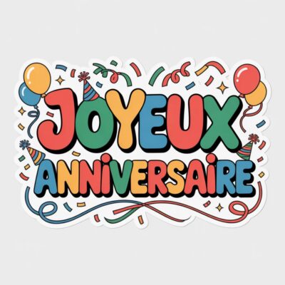 Texte «Joyeux Anniversaire» multicolore sur fond blanc, entouré de ballons, confettis et chapeaux de fête.