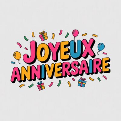 Texte «Joyeux Anniversaire» coloré sur fond blanc, entouré de ballons, cadeaux et confettis.