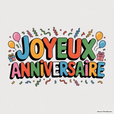 Texte «JOYEUX ANNIVERSAIRE» coloré sur fond blanc, avec ballons, confettis et cadeaux.