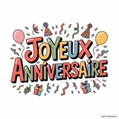 Texte «JOYEUX ANNIVERSAIRE» coloré sur fond blanc, entouré de ballons, serpentins, confettis et cadeaux.