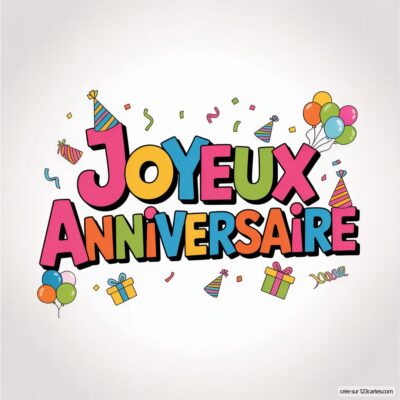 Texte «JOYEUX ANNIVERSAIRE» coloré sur fond blanc, avec chapeaux de fête, ballons et cadeaux.