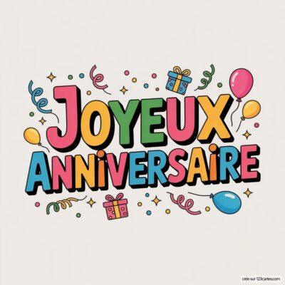 Texte «JOYEUX ANNIVERSAIRE» coloré sur fond crème, avec confettis, ballons et cadeaux.