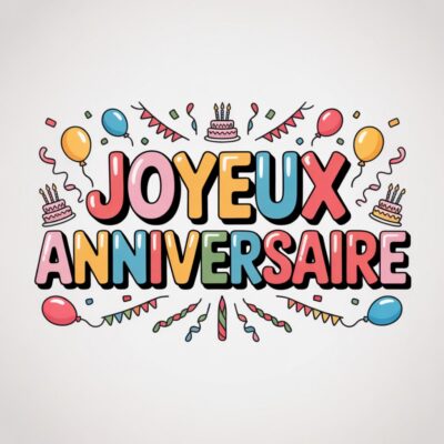 Texte «Joyeux Anniversaire» coloré sur fond blanc, entouré de ballons, gâteaux et confettis.