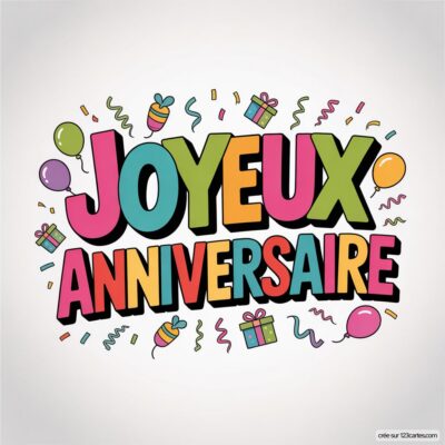 Texte «JOYEUX ANNIVERSAIRE» coloré sur fond blanc, entouré de ballons, cadeaux et confettis.