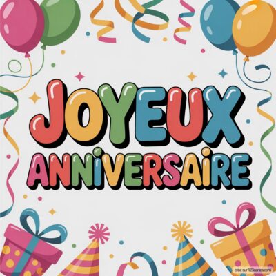 Texte «Joyeux Anniversaire» coloré sur fond blanc, avec ballons, cadeaux et serpentins.