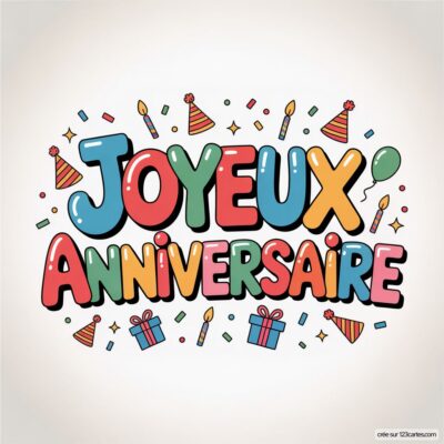 Texte «JOYEUX ANNIVERSAIRE» coloré sur fond blanc, entouré de confettis, bougies, ballons, chapeaux de fête et cadeaux.